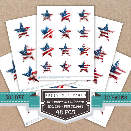 USA Flag Star Grunge fussy cut printable sheets for junk journaling, scrapbooking, and paper craft projects
