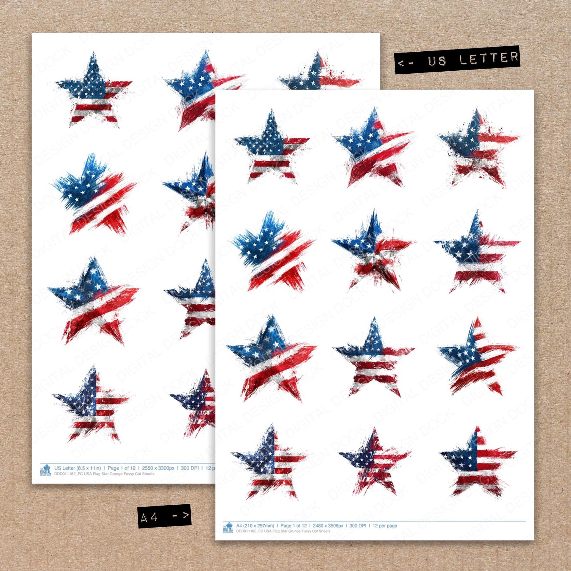 A4 and US Letter format comparison showing USA Flag Star Grunge fussy cut pages for print and cut crafting