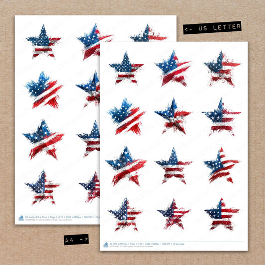 A4 and US Letter format comparison showing USA Flag Star Grunge fussy cut pages for print and cut crafting