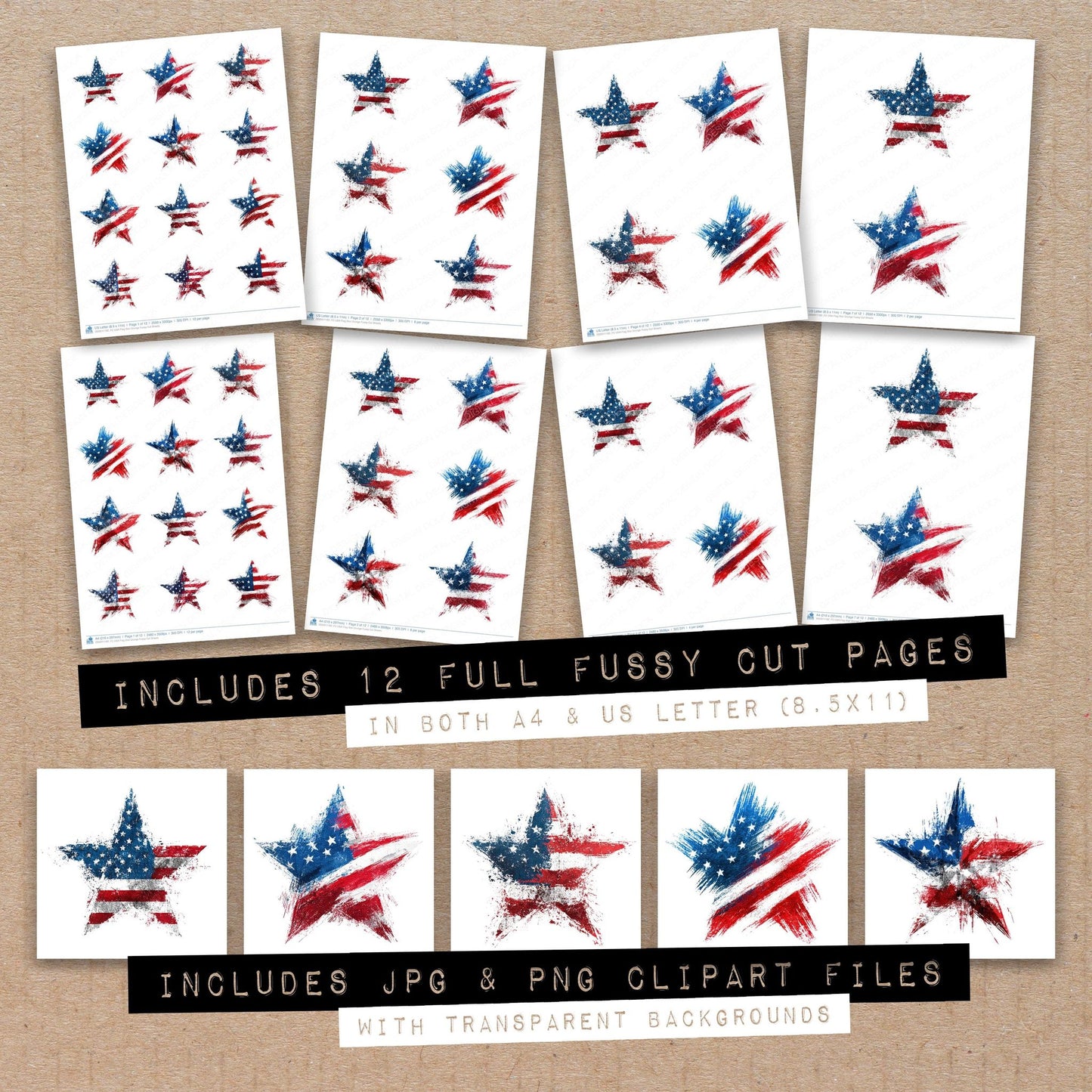 Full collection view of USA Flag Star Grunge fussy cut sheets with bonus clipart JPG and PNG files