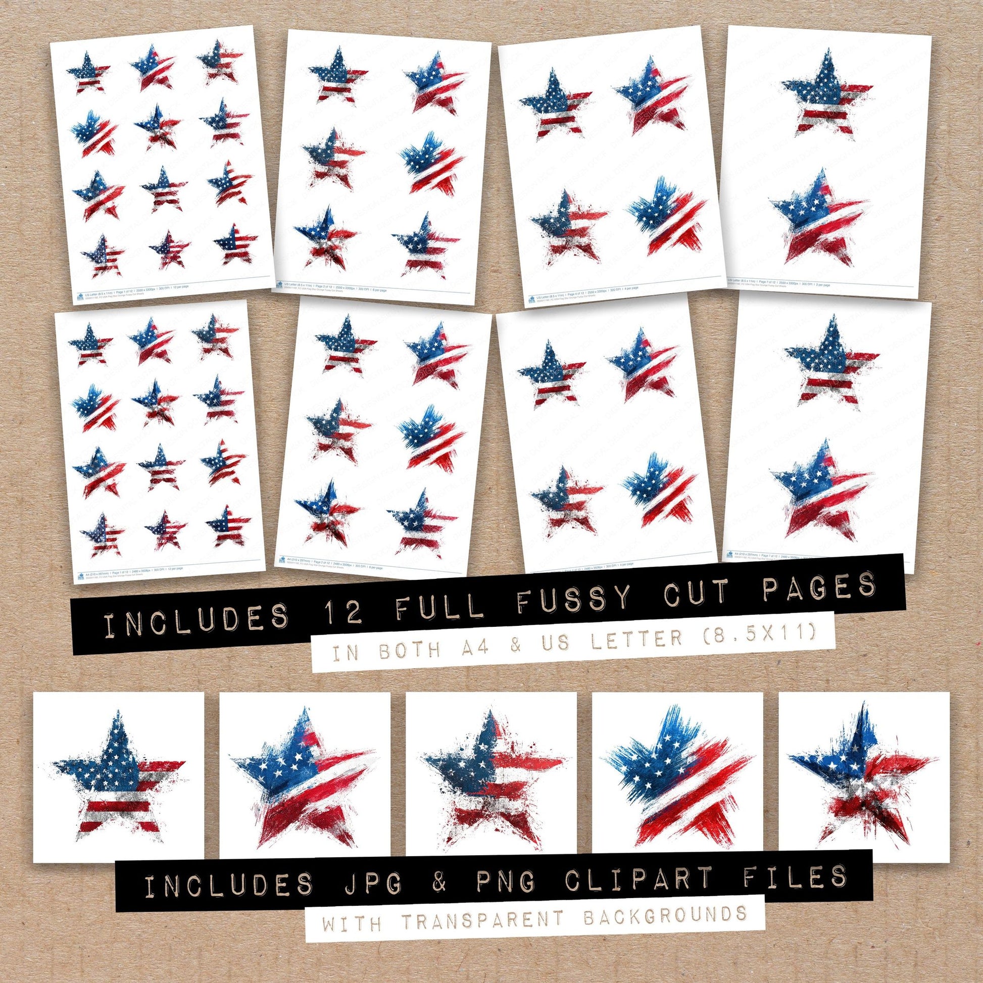 Full collection view of USA Flag Star Grunge fussy cut sheets with bonus clipart JPG and PNG files