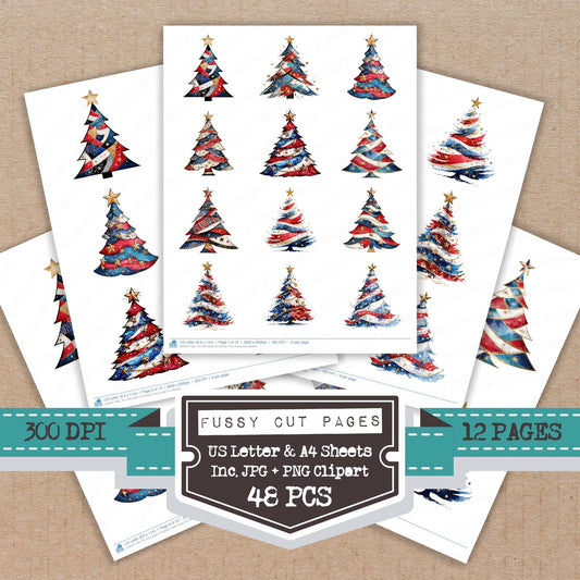 USA Style Christmas Tree fussy cut printable sheets for junk journaling, scrapbooking, and paper craft projects