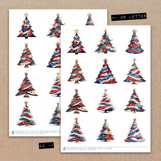 A4 and US Letter format comparison showing USA Style Christmas Tree fussy cut pages for print and cut crafting