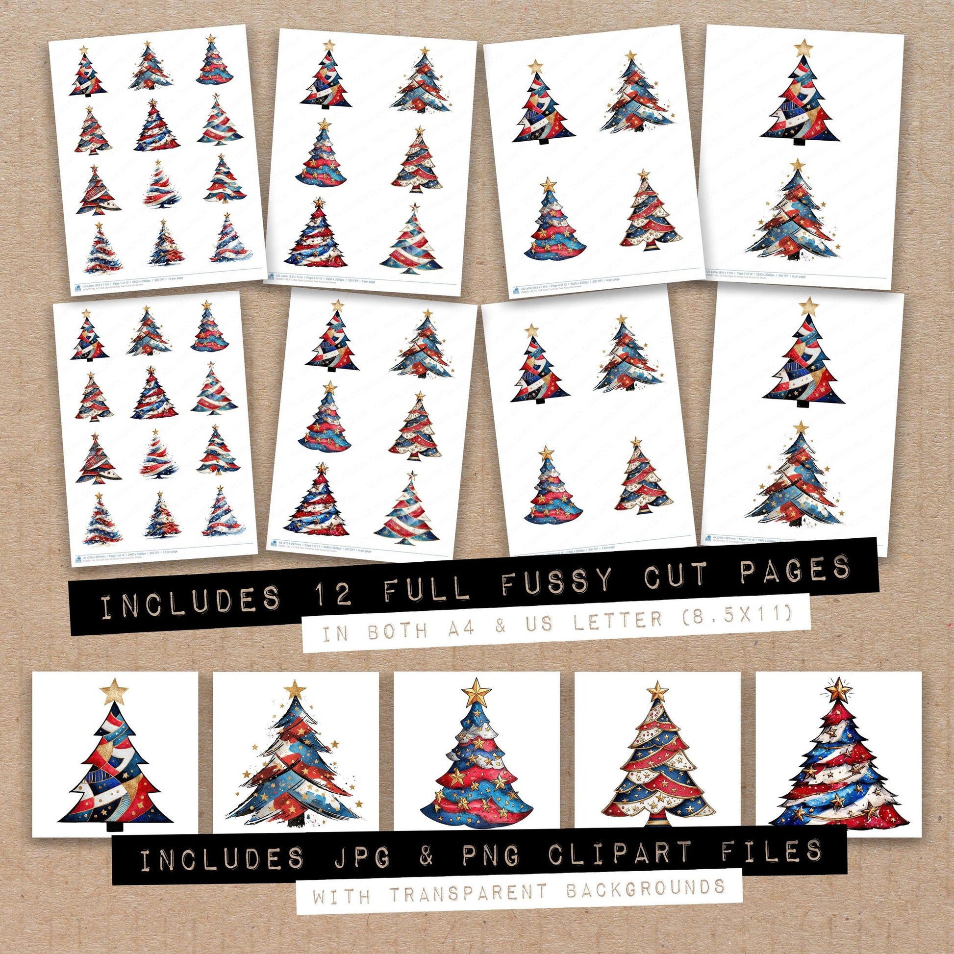 Full collection view of USA Style Christmas Tree fussy cut sheets with bonus clipart JPG and PNG files