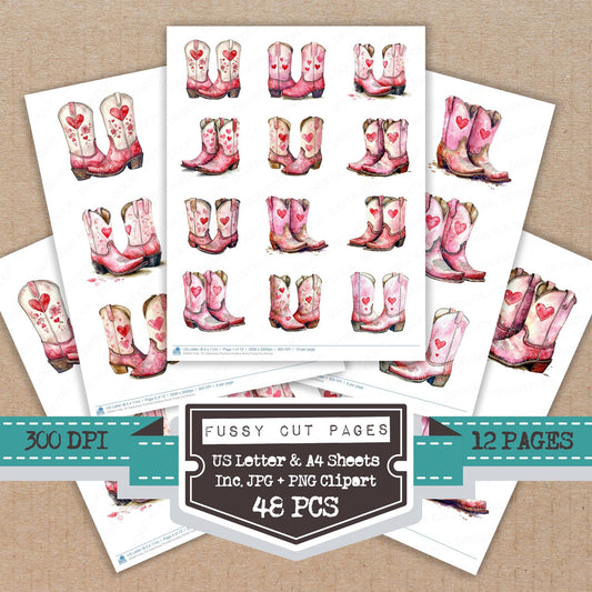 Valentines Themed Cowboy Boots fussy cut printable sheets for junk journaling, scrapbooking, and paper craft projects