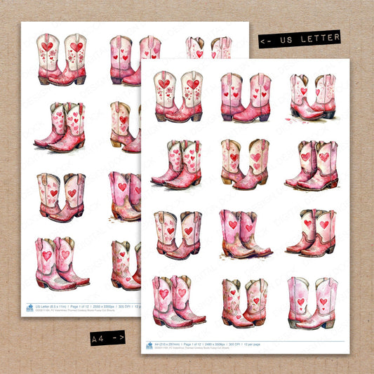 A4 and US Letter format comparison showing Valentines Themed Cowboy Boots fussy cut pages for print and cut crafting