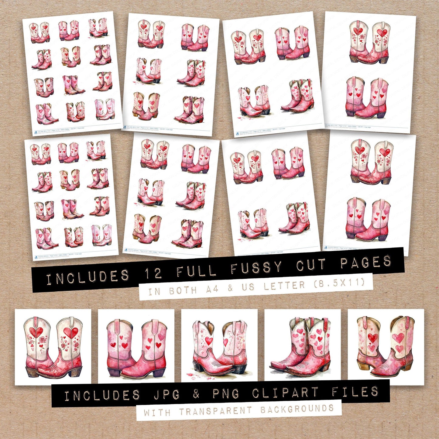 Full collection view of Valentines Themed Cowboy Boots fussy cut sheets with bonus clipart JPG and PNG files