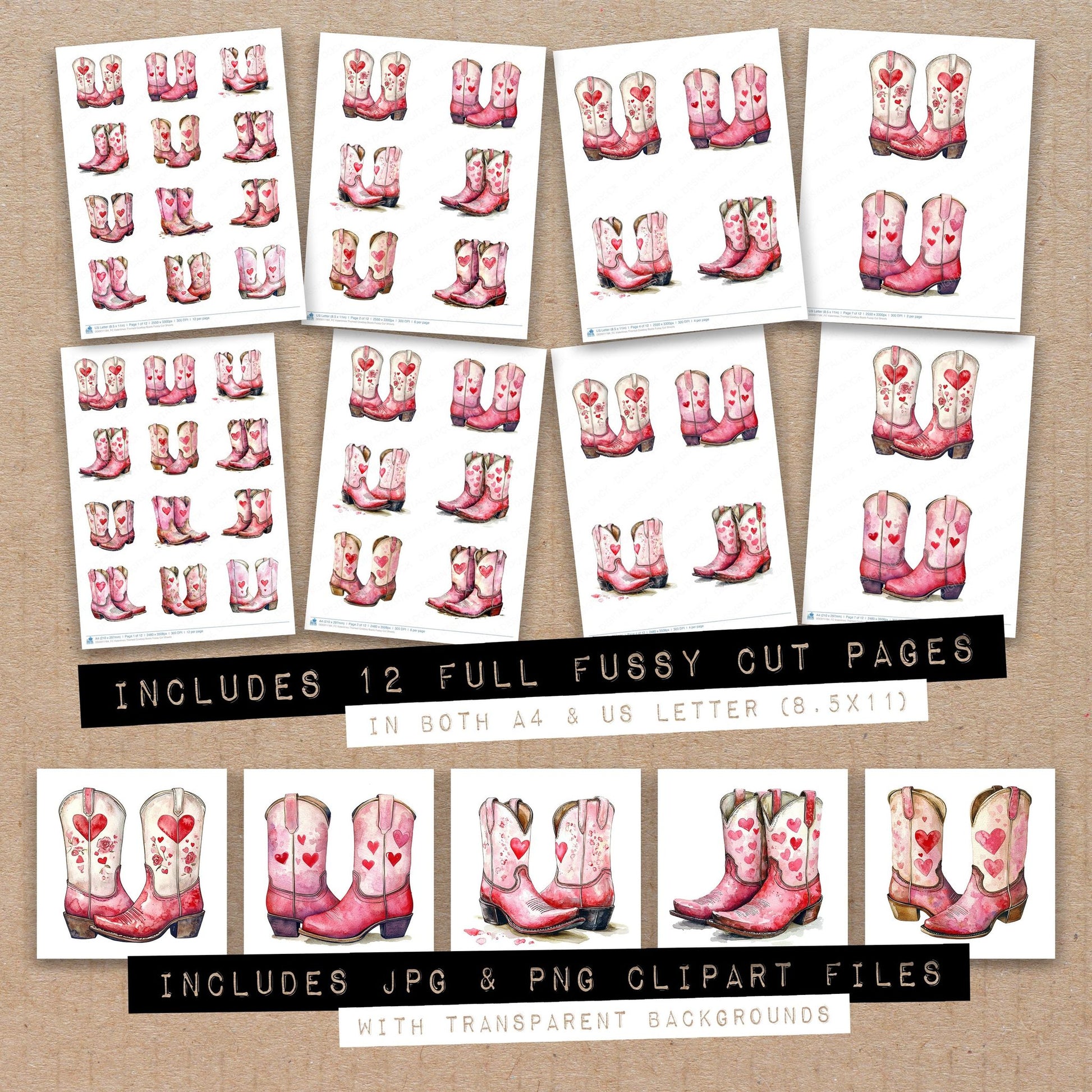 Full collection view of Valentines Themed Cowboy Boots fussy cut sheets with bonus clipart JPG and PNG files