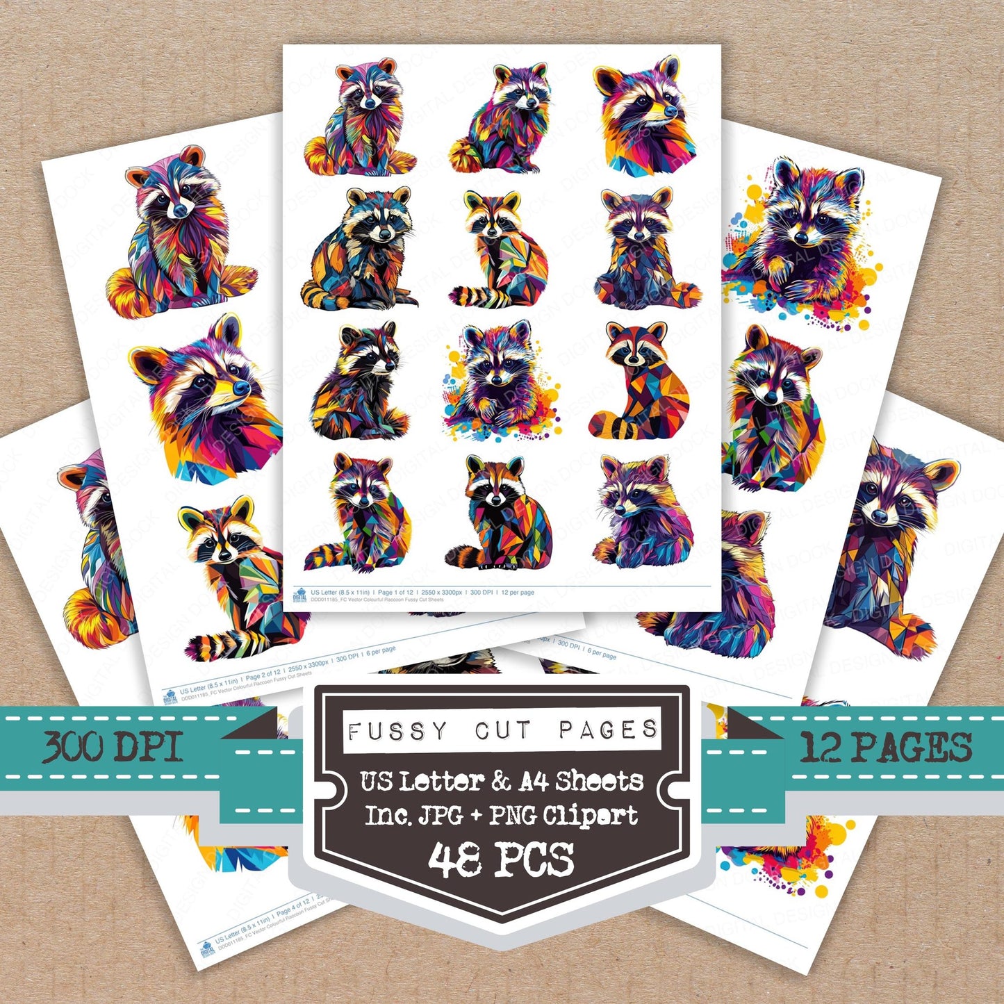 Vector Colourful Raccoon fussy cut printable sheets for junk journaling, scrapbooking, and paper craft projects