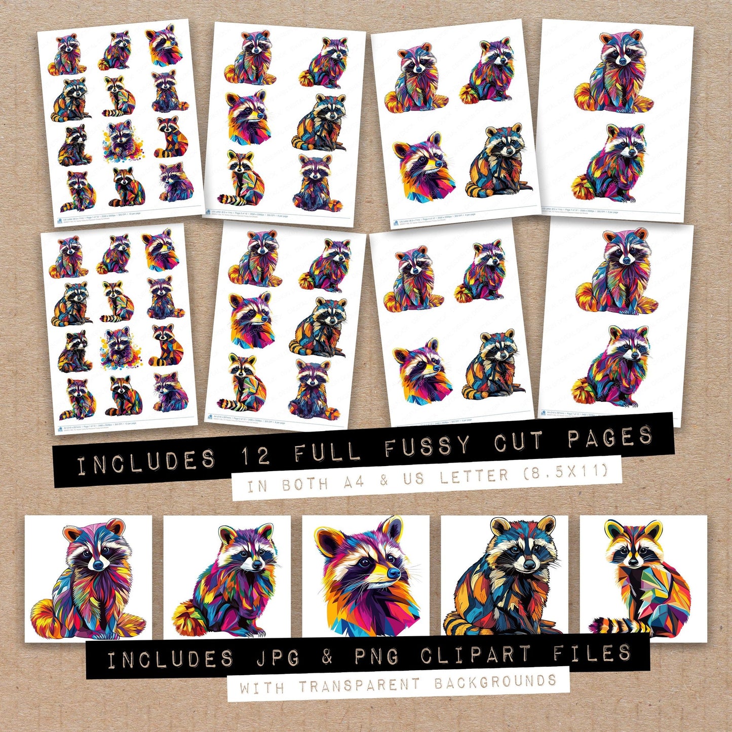Full collection view of Vector Colourful Raccoon fussy cut sheets with bonus clipart JPG and PNG files