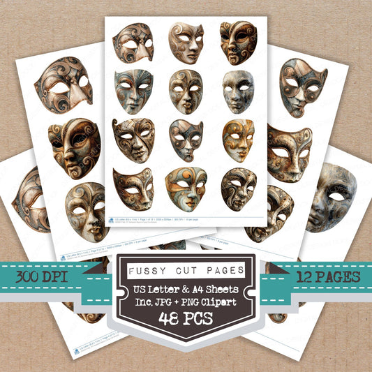 Venetian Masks fussy cut printable sheets for junk journaling, scrapbooking, and paper craft projects