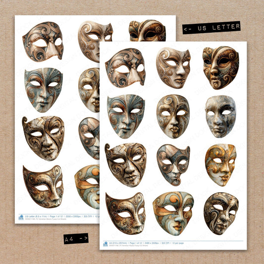 A4 and US Letter format comparison showing Venetian Masks fussy cut pages for print and cut crafting