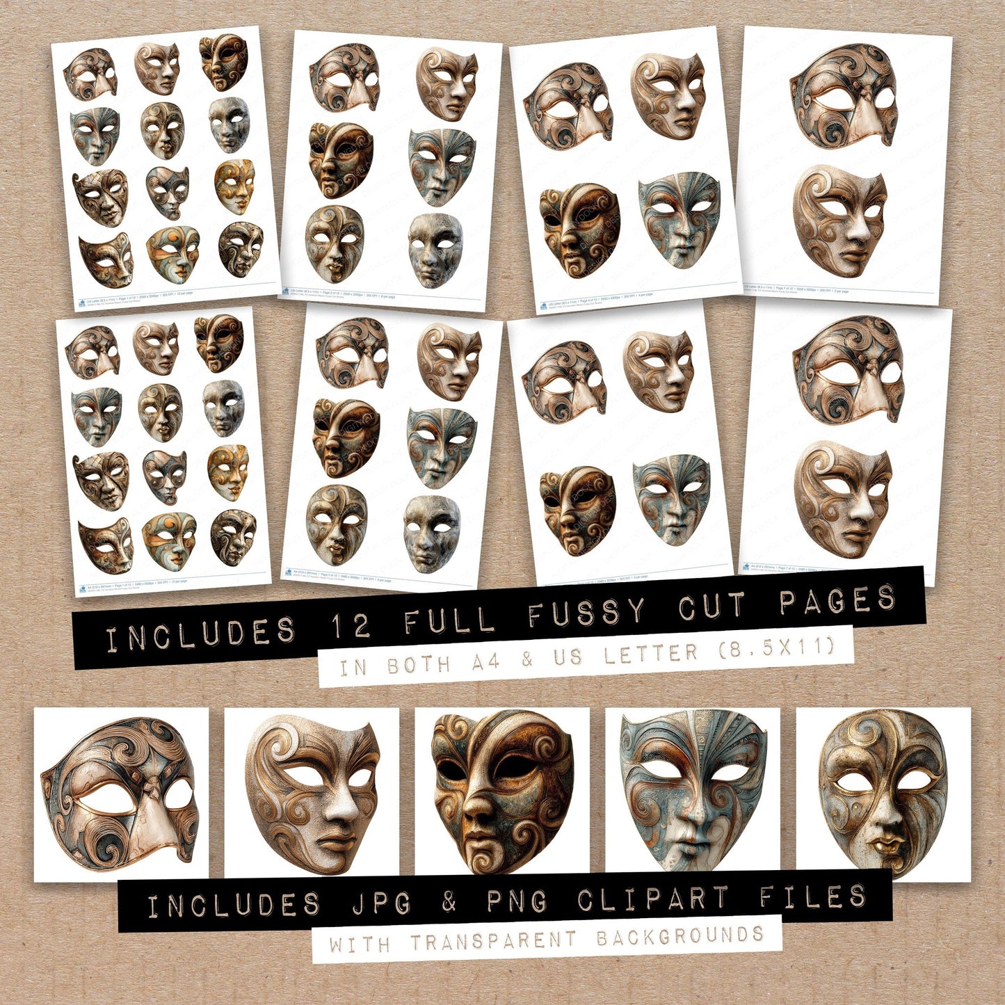 Full collection view of Venetian Masks fussy cut sheets with bonus clipart JPG and PNG files