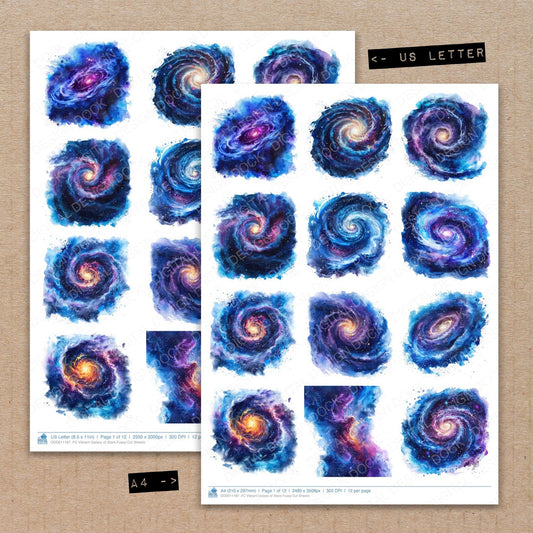 A4 and US Letter format comparison showing Vibrant Galaxy of Stars fussy cut pages for print and cut crafting