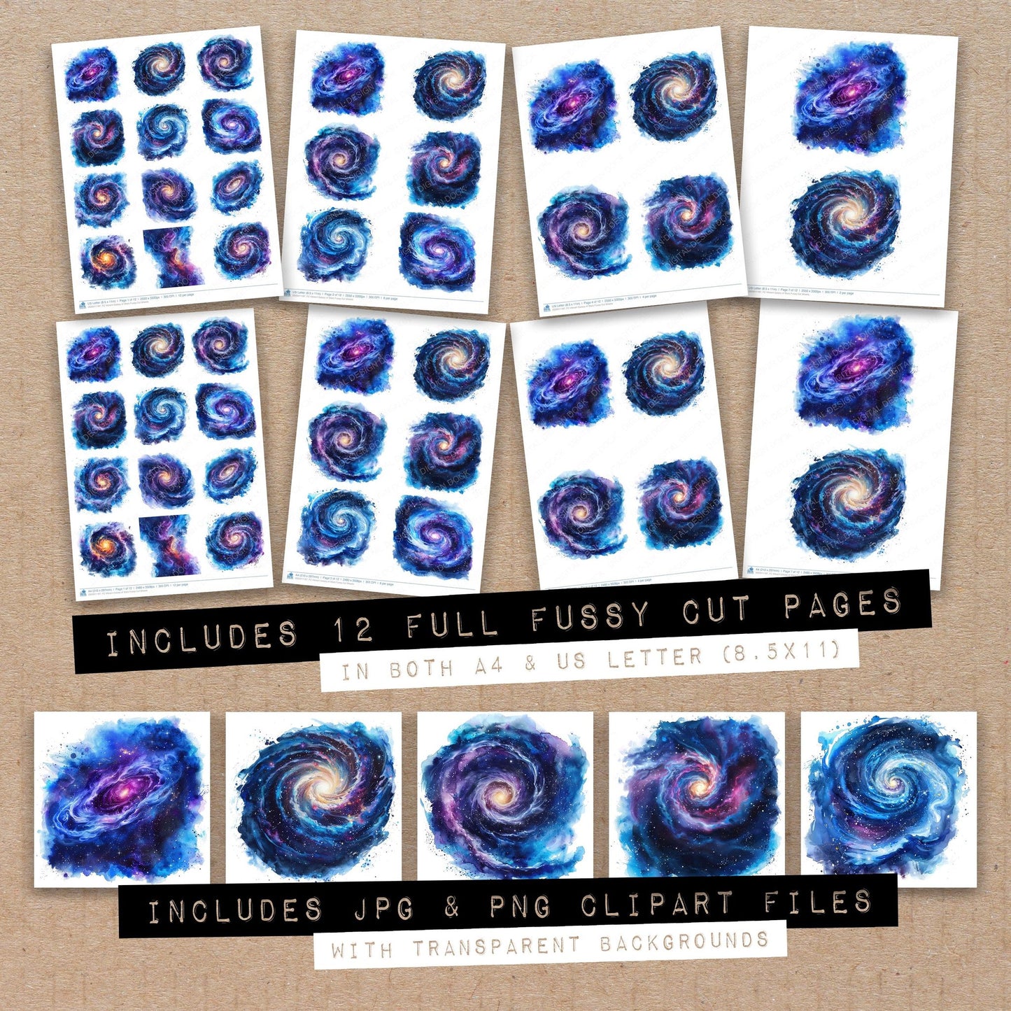 Full collection view of Vibrant Galaxy of Stars fussy cut sheets with bonus clipart JPG and PNG files