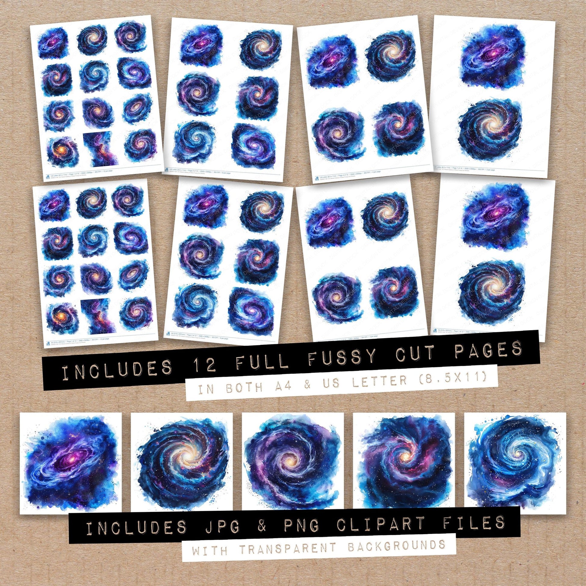 Full collection view of Vibrant Galaxy of Stars fussy cut sheets with bonus clipart JPG and PNG files