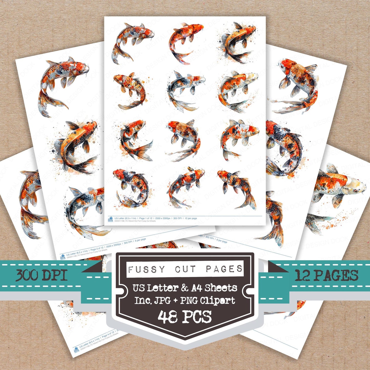 Vibrant Koi Fish fussy cut printable sheets for junk journaling, scrapbooking, and paper craft projects