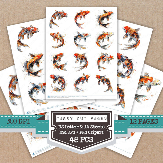 Vibrant Koi Fish fussy cut printable sheets for junk journaling, scrapbooking, and paper craft projects