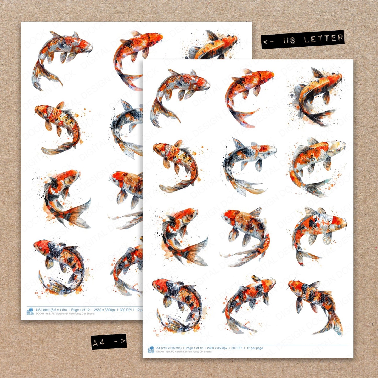 A4 and US Letter format comparison showing Vibrant Koi Fish fussy cut pages for print and cut crafting