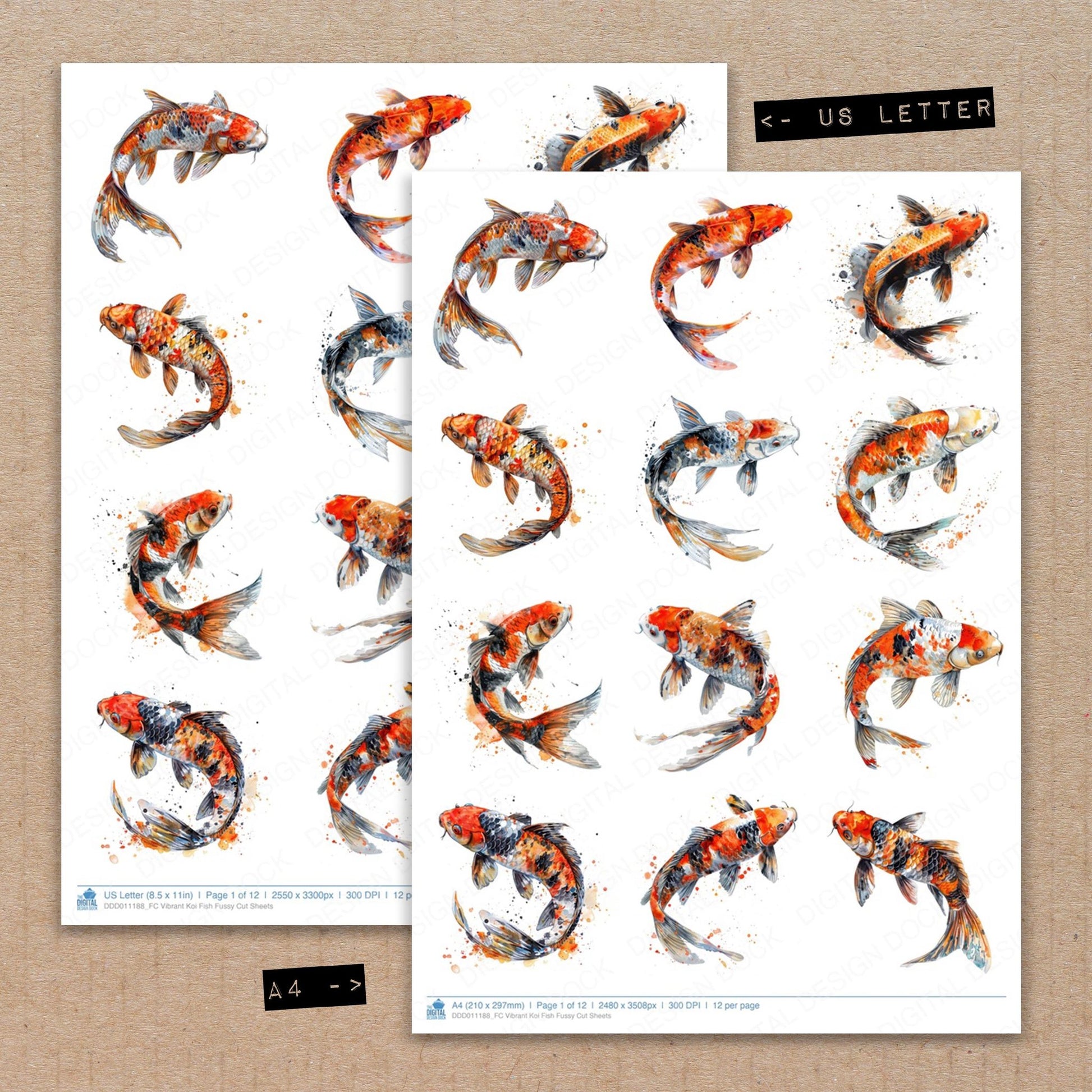 A4 and US Letter format comparison showing Vibrant Koi Fish fussy cut pages for print and cut crafting