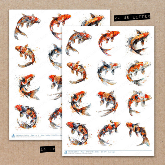 A4 and US Letter format comparison showing Vibrant Koi Fish fussy cut pages for print and cut crafting