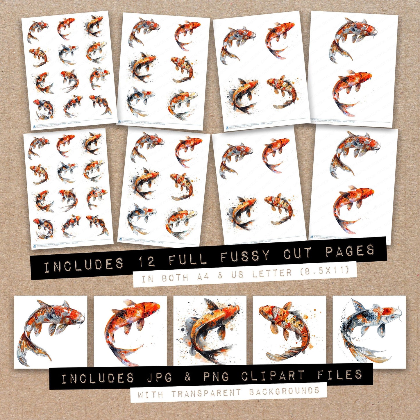 Full collection view of Vibrant Koi Fish fussy cut sheets with bonus clipart JPG and PNG files