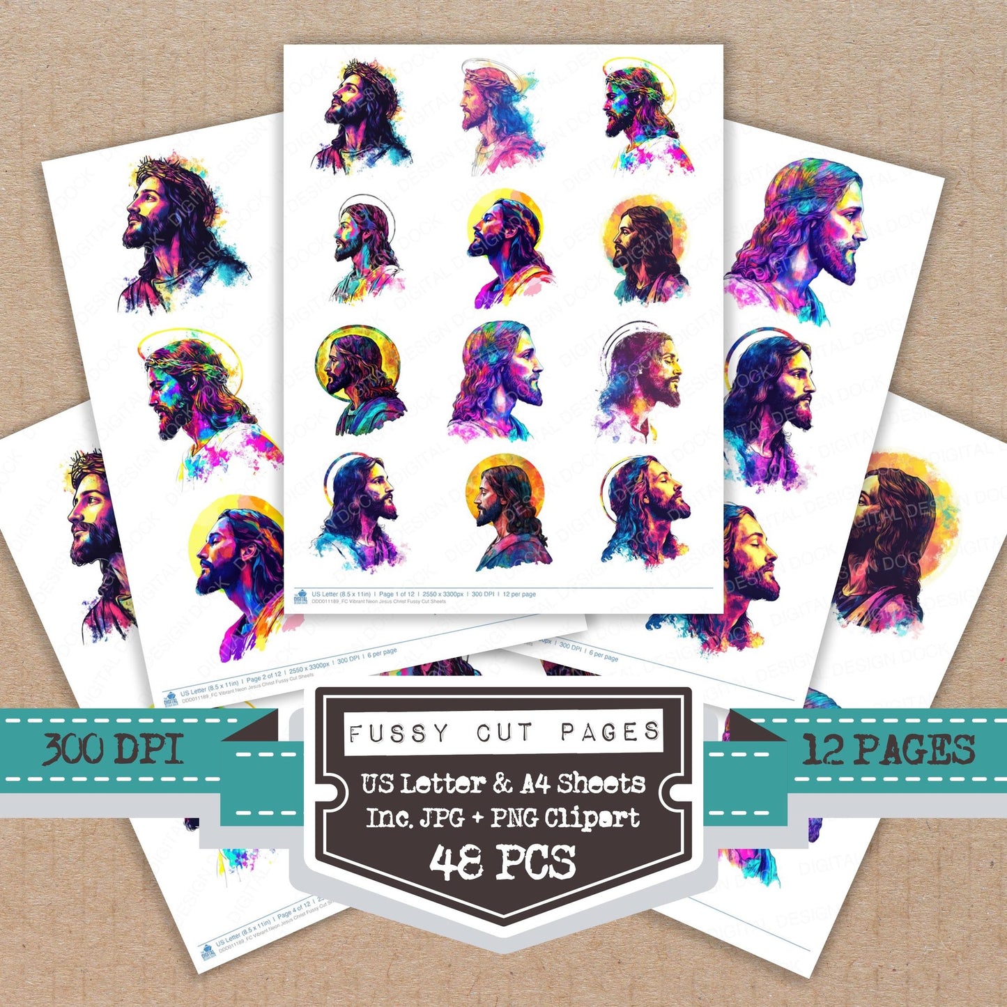 Vibrant Neon Jesus Christ fussy cut printable sheets for junk journaling, scrapbooking, and paper craft projects