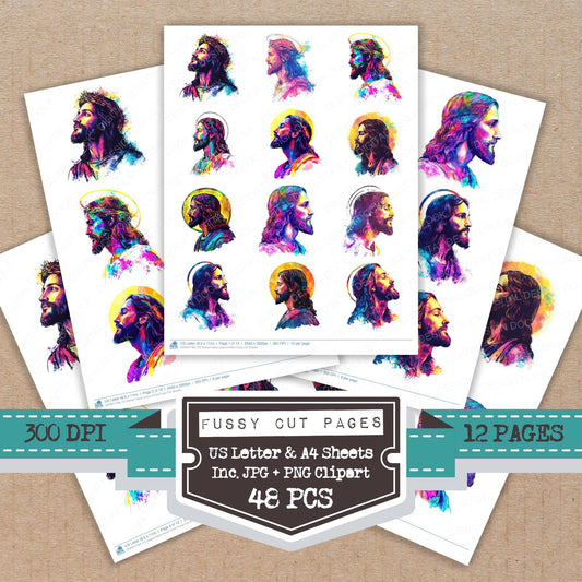 Vibrant Neon Jesus Christ fussy cut printable sheets for junk journaling, scrapbooking, and paper craft projects