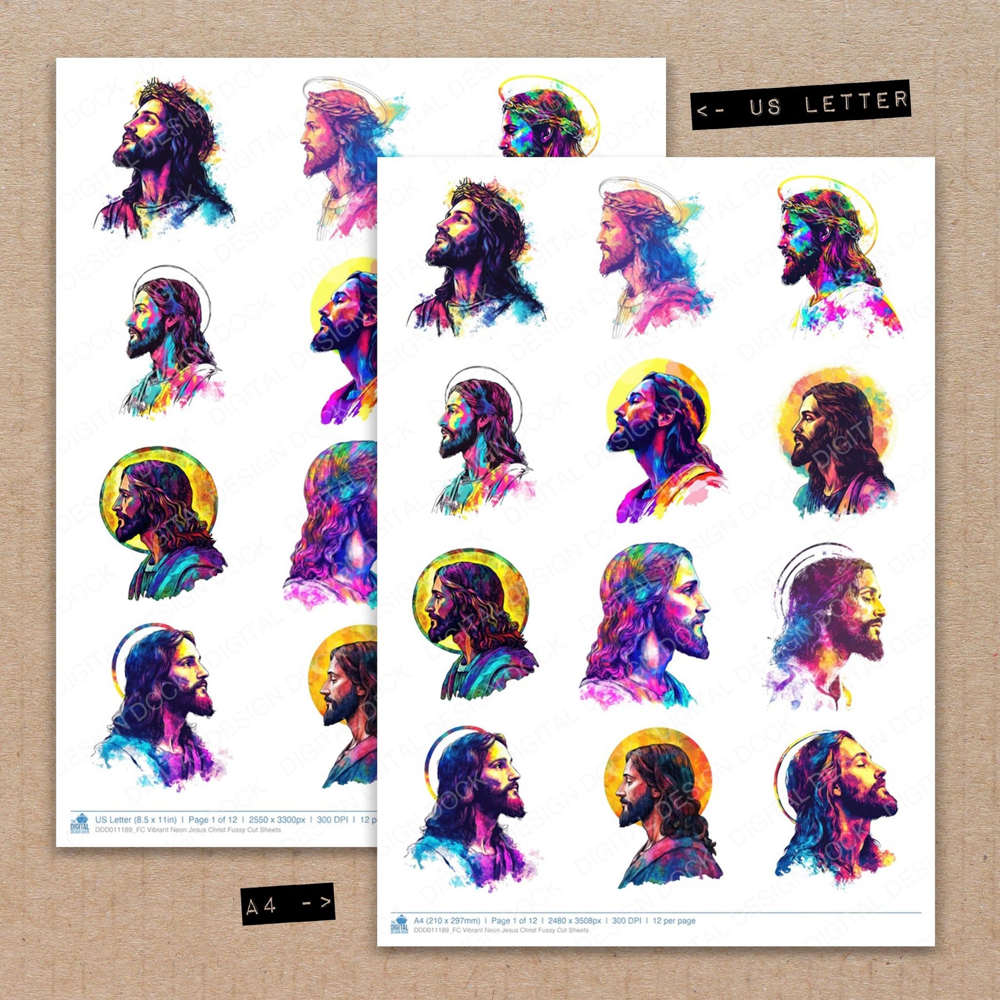 A4 and US Letter format comparison showing Vibrant Neon Jesus Christ fussy cut pages for print and cut crafting