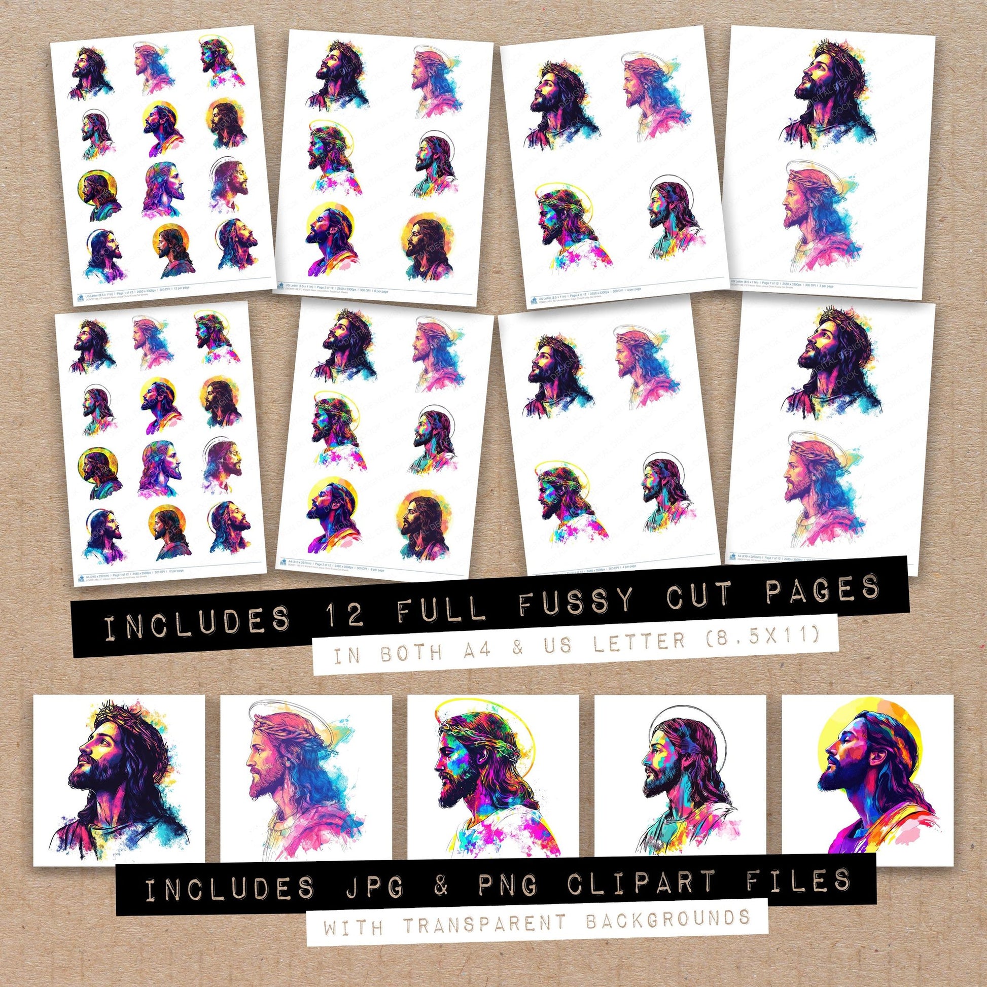 Full collection view of Vibrant Neon Jesus Christ fussy cut sheets with bonus clipart JPG and PNG files