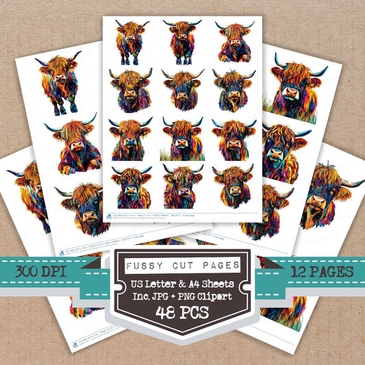 Vibrant Oil Paint Highland Cow fussy cut printable sheets for junk journaling, scrapbooking, and paper craft projects
