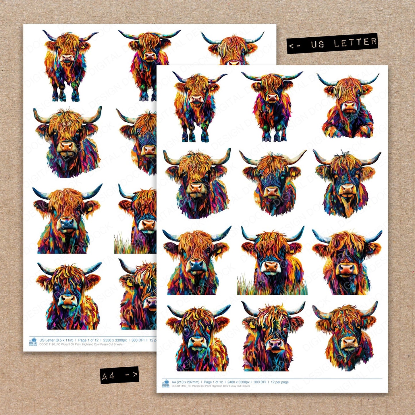 A4 and US Letter format comparison showing Vibrant Oil Paint Highland Cow fussy cut pages for print and cut crafting