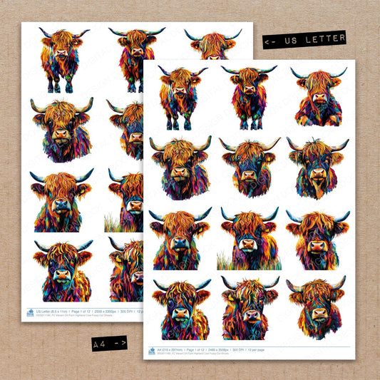 A4 and US Letter format comparison showing Vibrant Oil Paint Highland Cow fussy cut pages for print and cut crafting