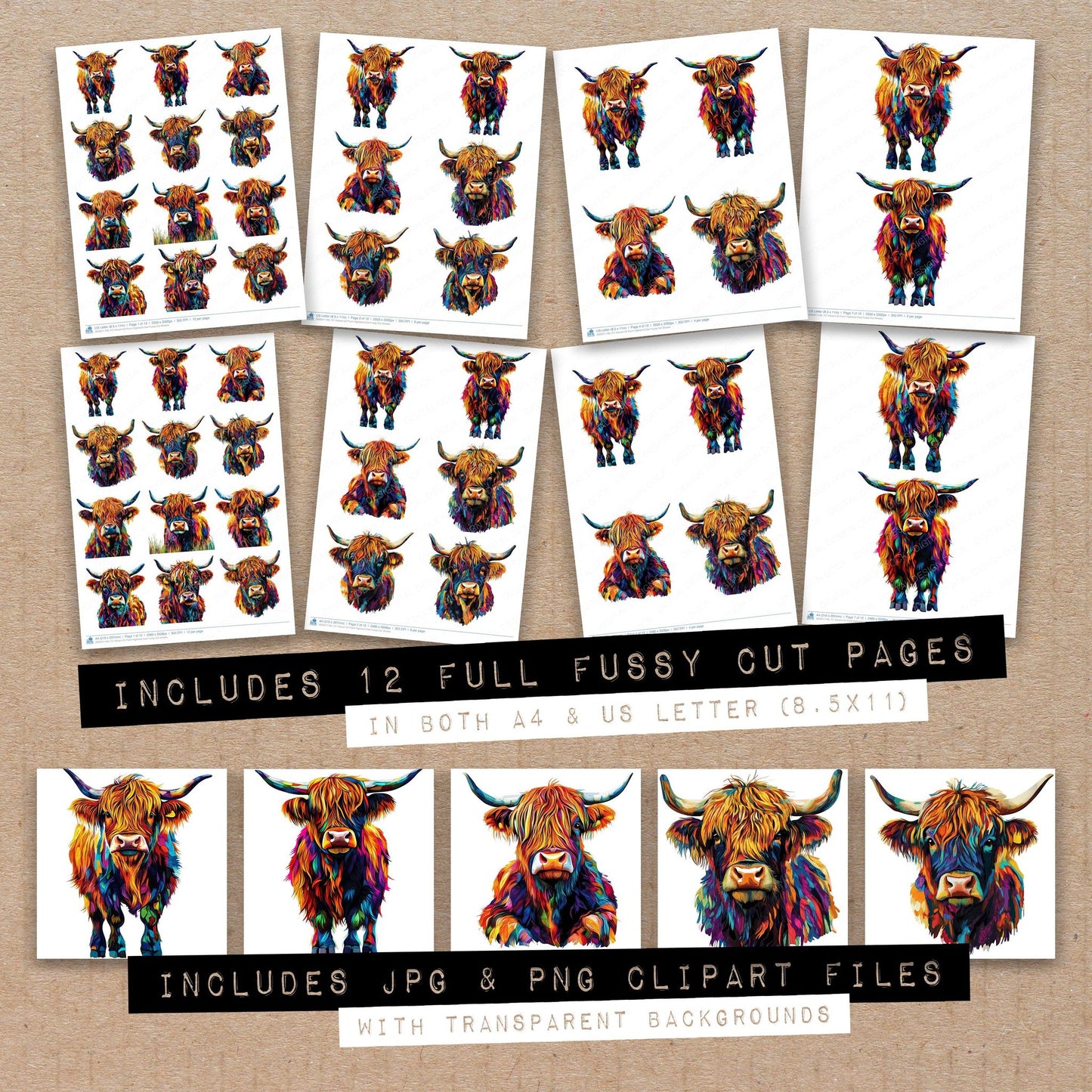 Full collection view of Vibrant Oil Paint Highland Cow fussy cut sheets with bonus clipart JPG and PNG files