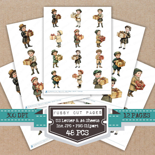 Victorian Boy Holding Gift fussy cut printable sheets for junk journaling, scrapbooking, and paper craft projects