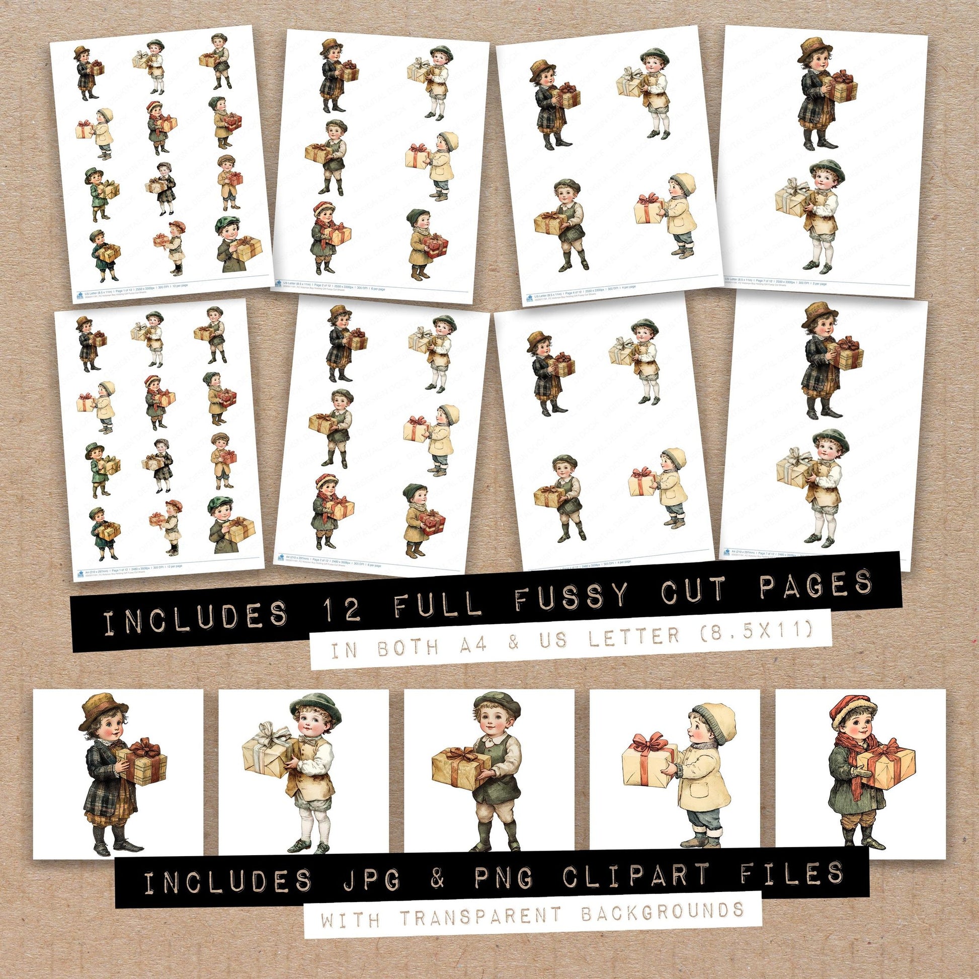 Full collection view of Victorian Boy Holding Gift fussy cut sheets with bonus clipart JPG and PNG files