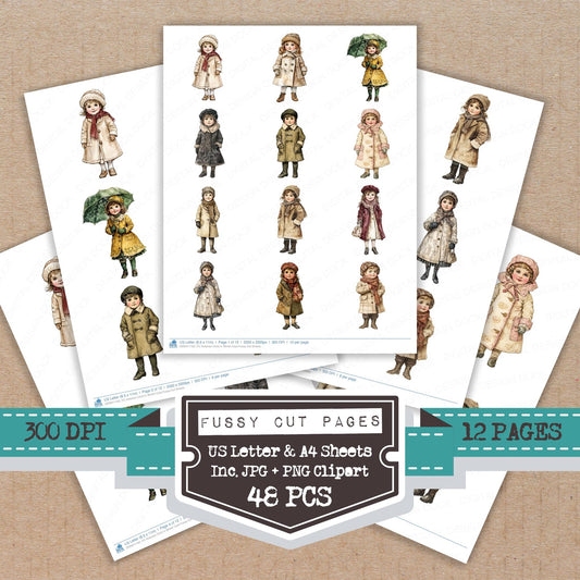 Victorian Child in Winter Coat fussy cut printable sheets for junk journaling, scrapbooking, and paper craft projects