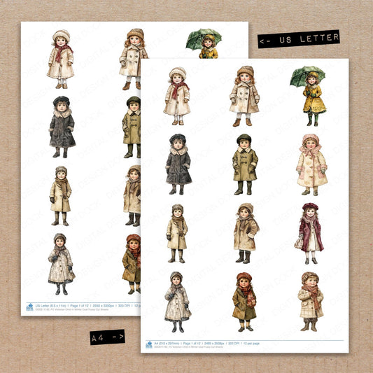 A4 and US Letter format comparison showing Victorian Child in Winter Coat fussy cut pages for print and cut crafting