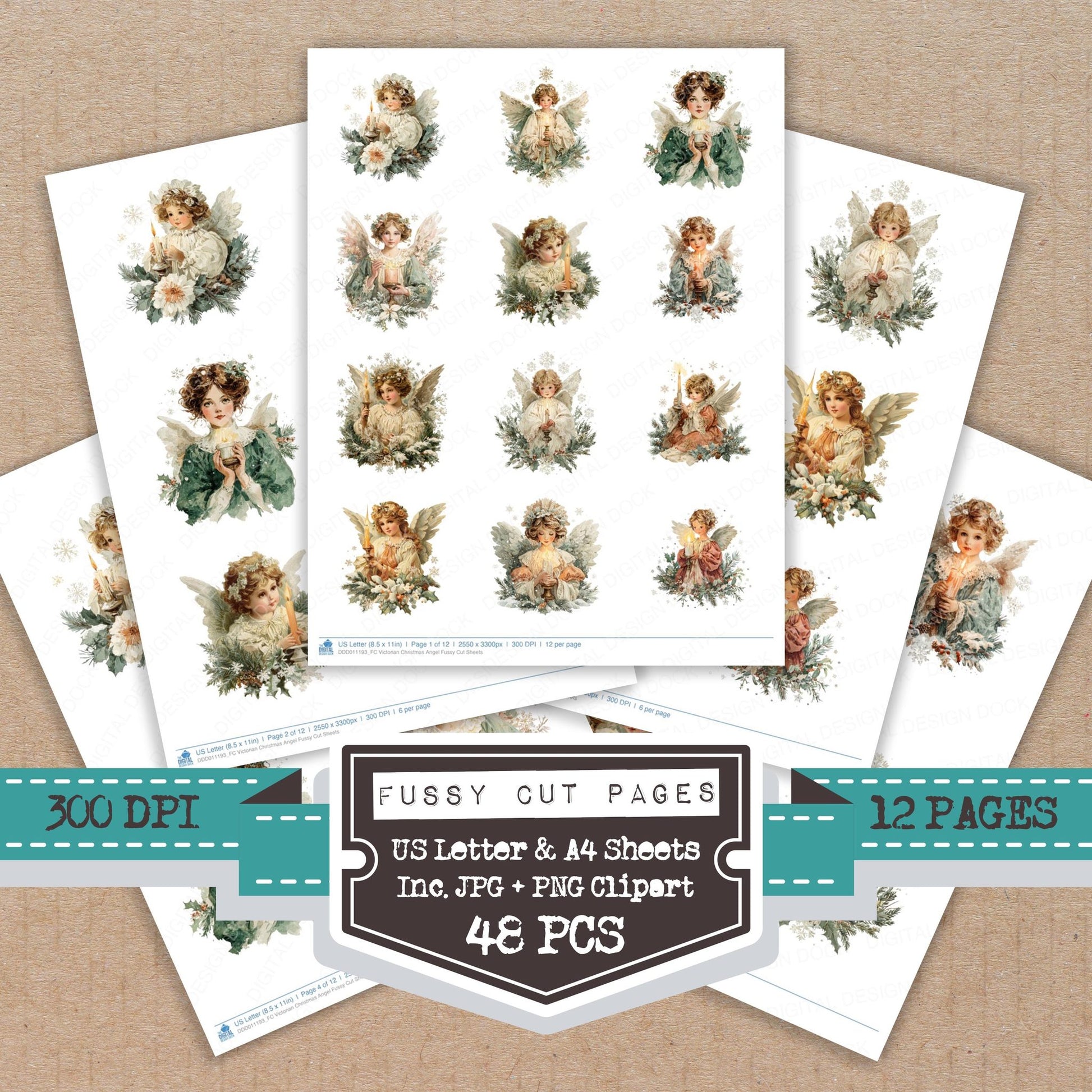 Victorian Christmas Angel fussy cut printable sheets for junk journaling, scrapbooking, and paper craft projects