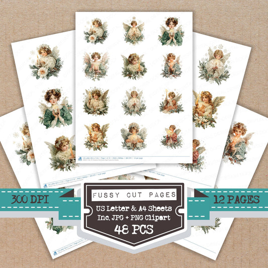 Victorian Christmas Angel fussy cut printable sheets for junk journaling, scrapbooking, and paper craft projects