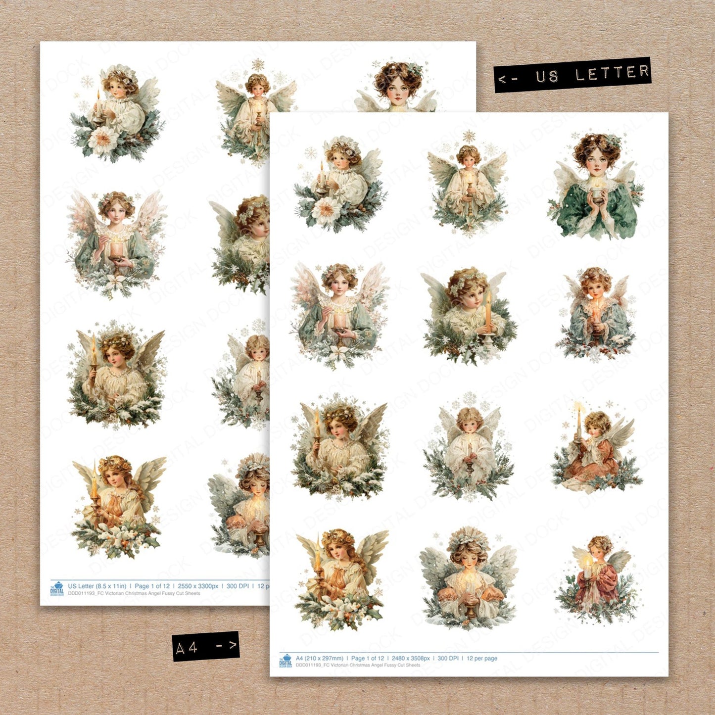 A4 and US Letter format comparison showing Victorian Christmas Angel fussy cut pages for print and cut crafting
