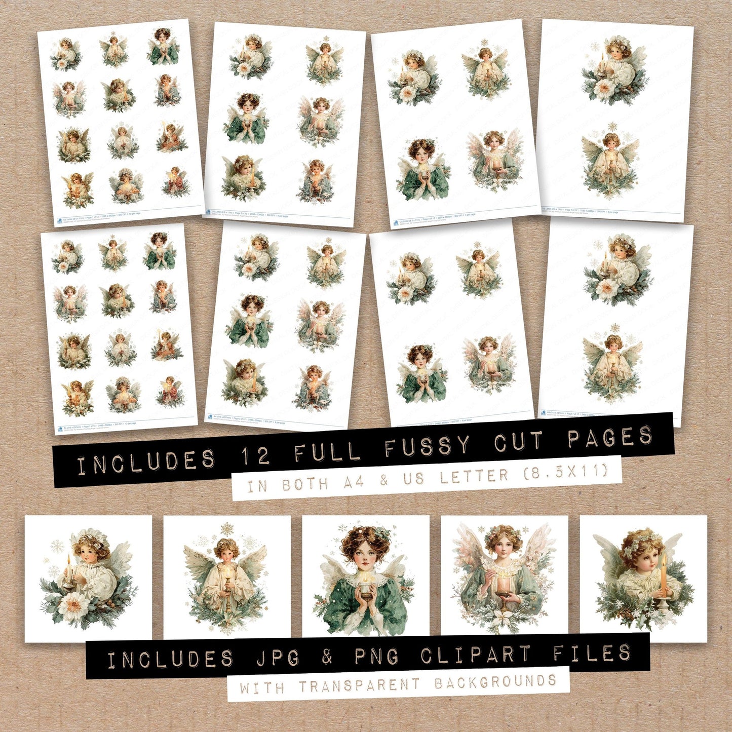 Full collection view of Victorian Christmas Angel fussy cut sheets with bonus clipart JPG and PNG files