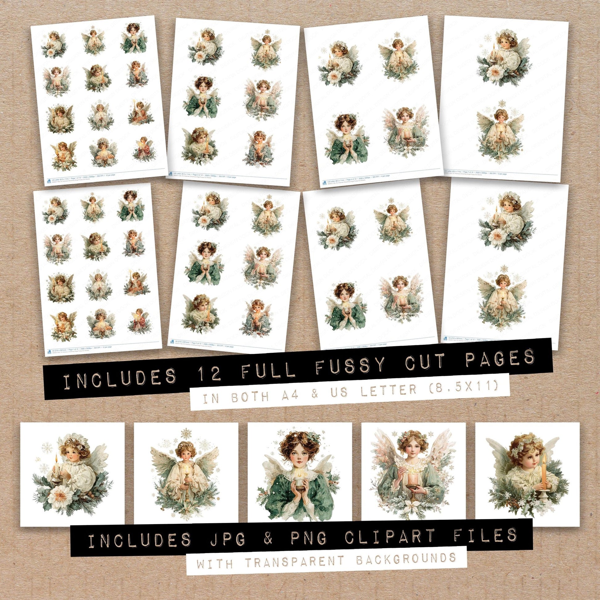 Full collection view of Victorian Christmas Angel fussy cut sheets with bonus clipart JPG and PNG files