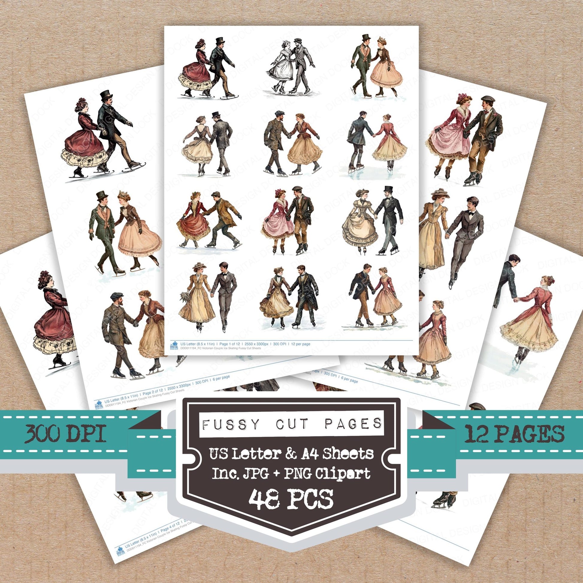 Victorian Couple Ice Skating fussy cut printable sheets for junk journaling, scrapbooking, and paper craft projects