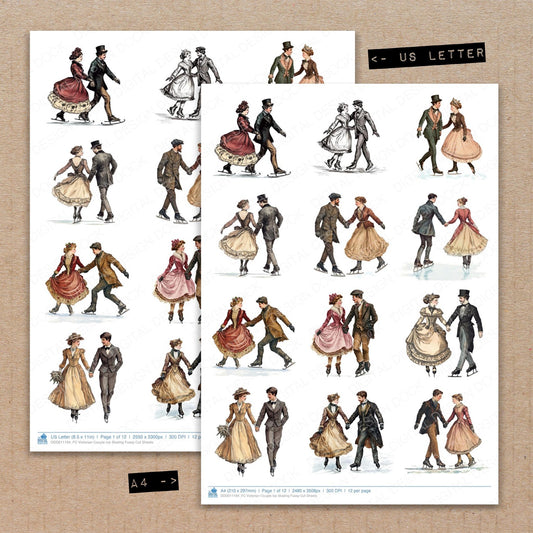 A4 and US Letter format comparison showing Victorian Couple Ice Skating fussy cut pages for print and cut crafting