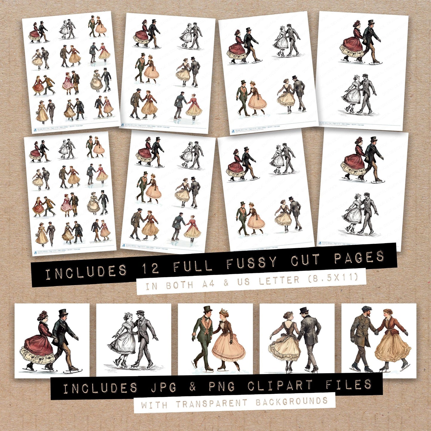 Full collection view of Victorian Couple Ice Skating fussy cut sheets with bonus clipart JPG and PNG files