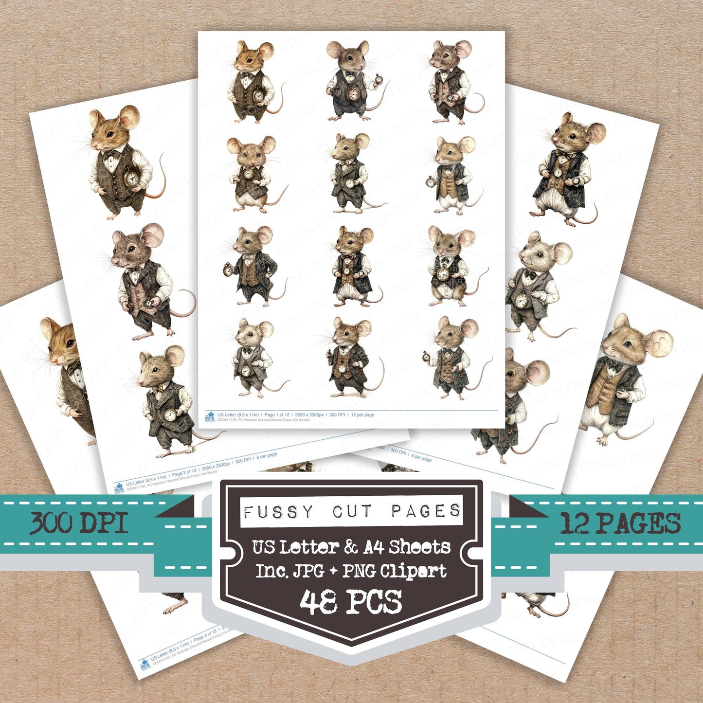 Victorian Dressed Mouse fussy cut printable sheets for junk journaling, scrapbooking, and paper craft projects