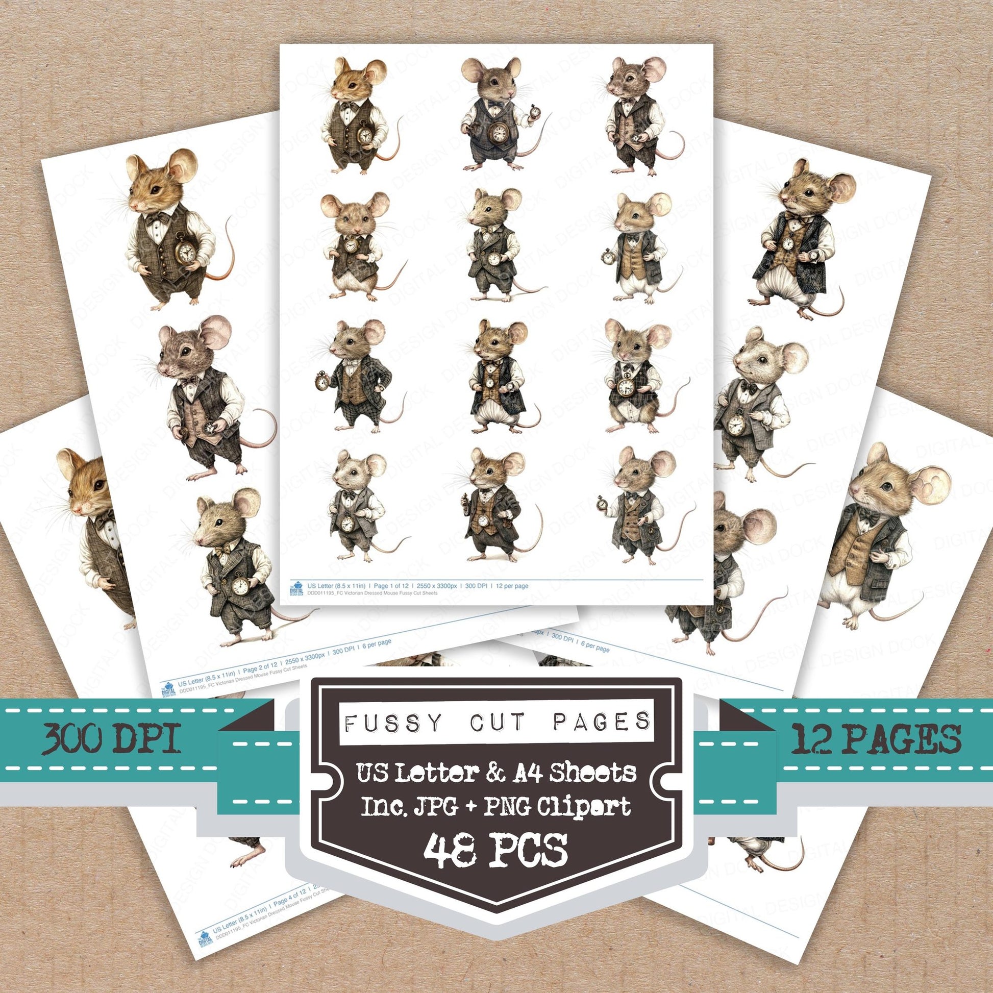 Victorian Dressed Mouse fussy cut printable sheets for junk journaling, scrapbooking, and paper craft projects