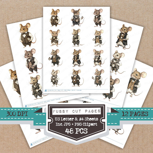 Victorian Dressed Mouse fussy cut printable sheets for junk journaling, scrapbooking, and paper craft projects