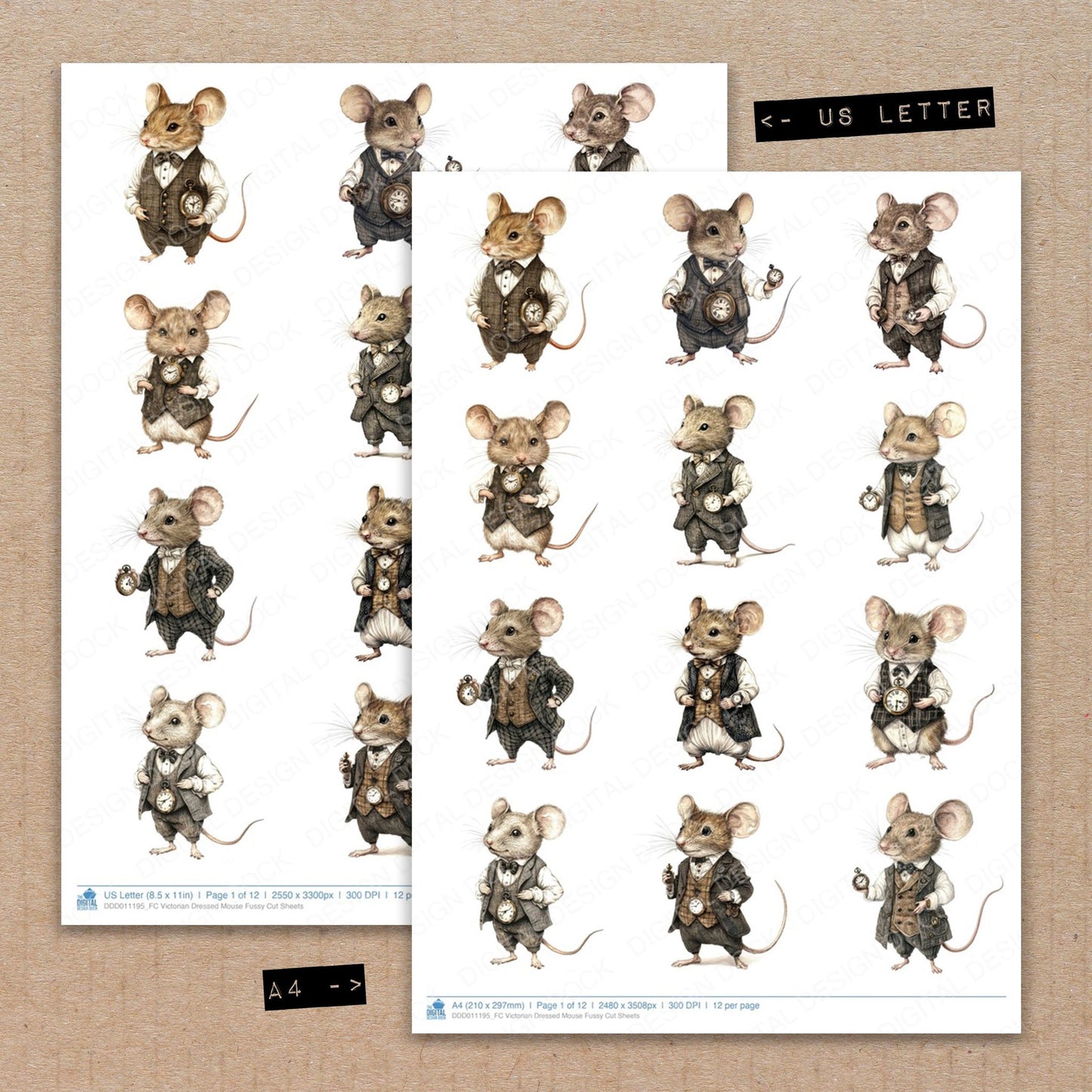 A4 and US Letter format comparison showing Victorian Dressed Mouse fussy cut pages for print and cut crafting
